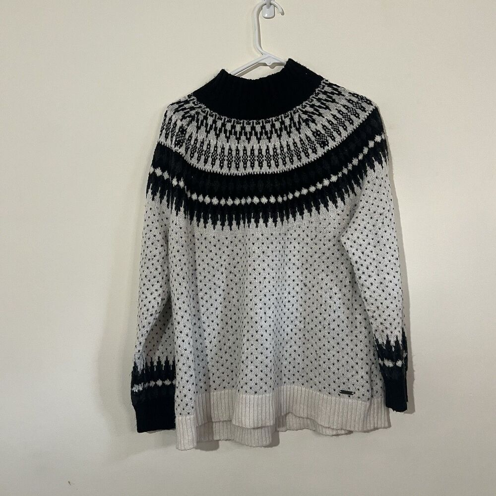Eddie Bauer Women’s Fair Isle Mohair Wool Blend White/Black Mock neck Sweater XL